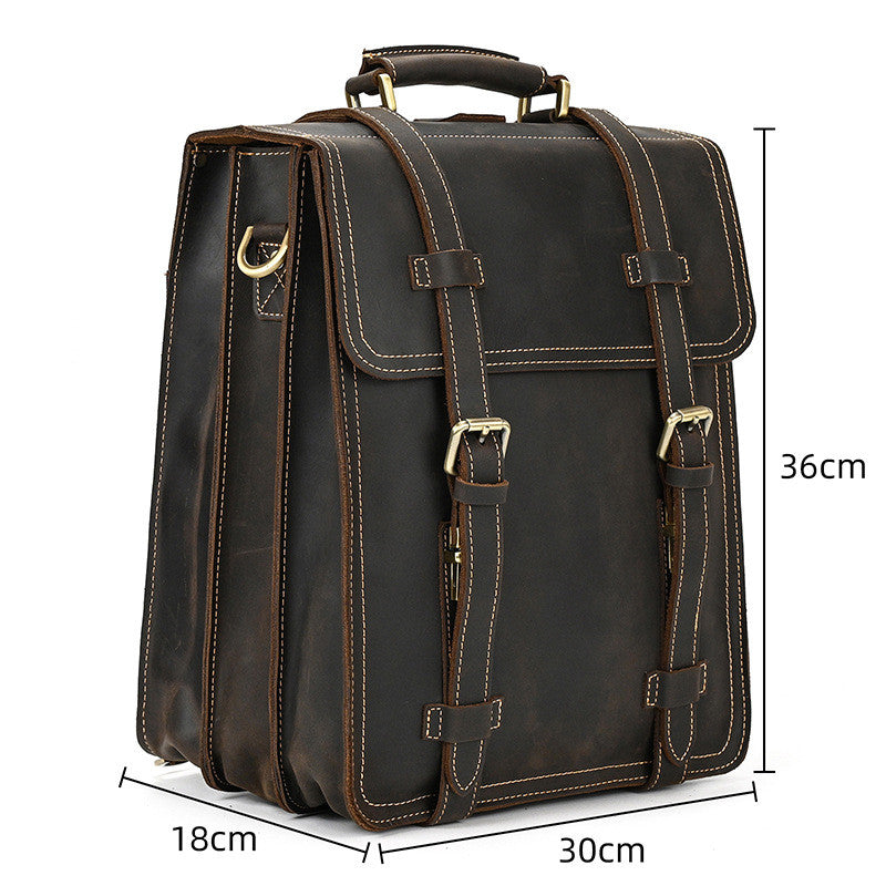 Dark Brown leather briefcase with gold buckles and measurements on a white background