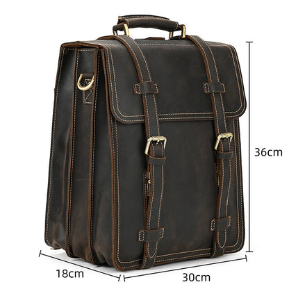 Dark Brown leather briefcase with gold buckles and measurements on a white background