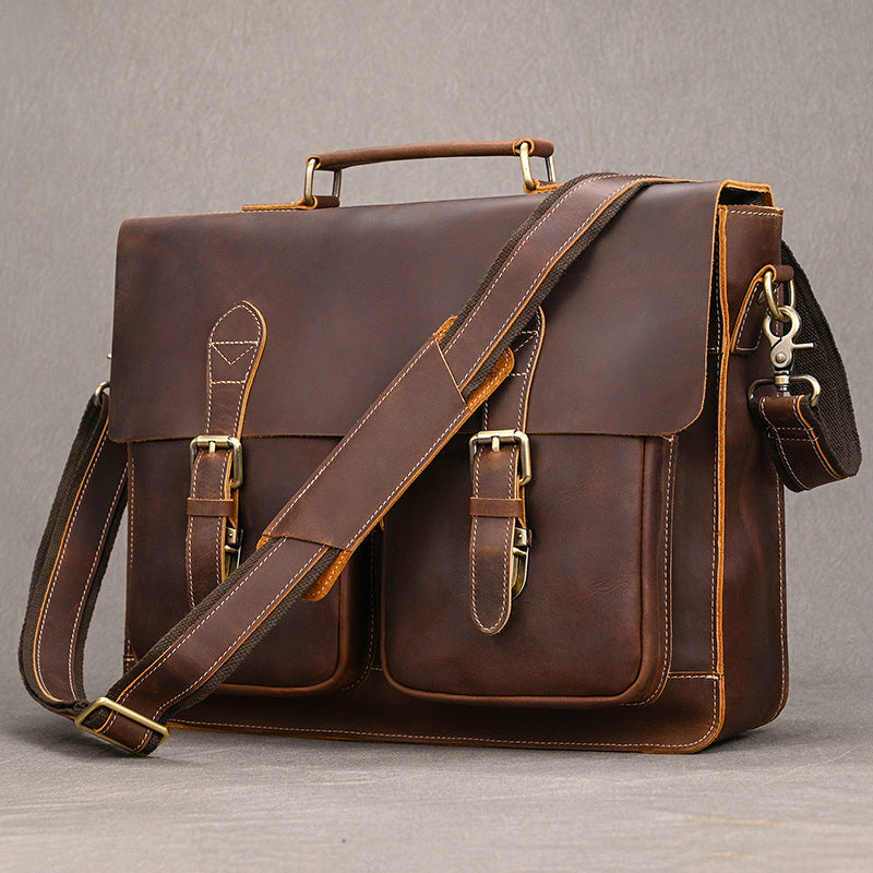 Convertible Crazy Horse Leather Briefcase – Dual Front Pockets