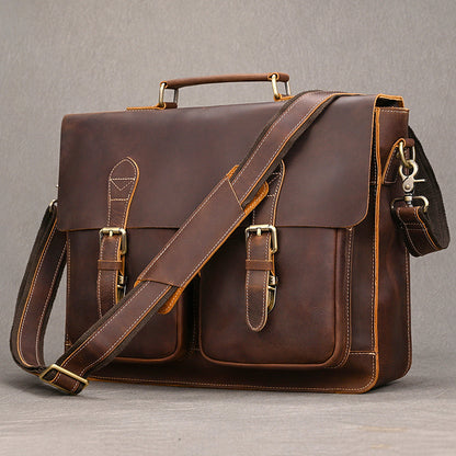 Convertible Crazy Horse Leather Briefcase – Dual Front Pockets