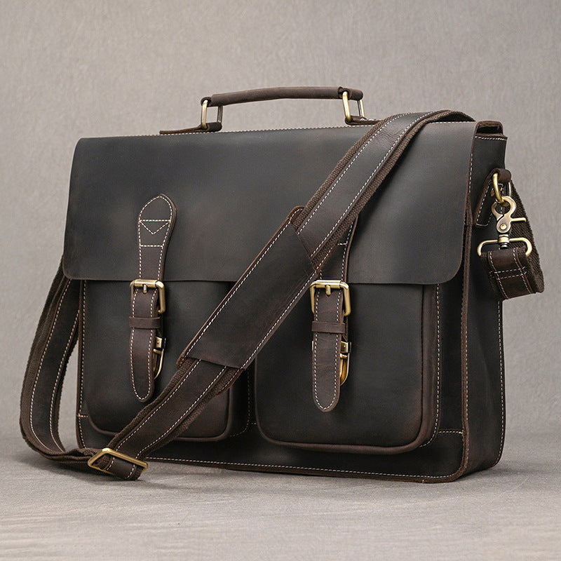 Convertible Crazy Horse Leather Briefcase – Dual Front Pockets