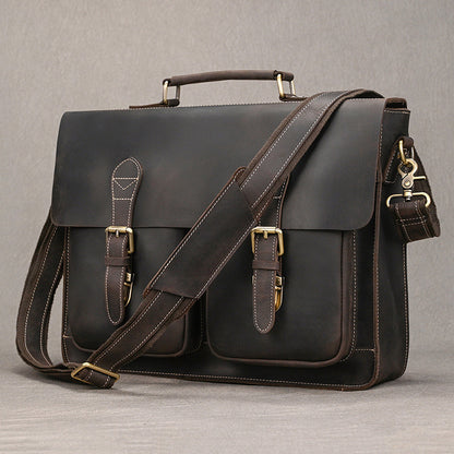 Convertible Crazy Horse Leather Briefcase – Dual Front Pockets