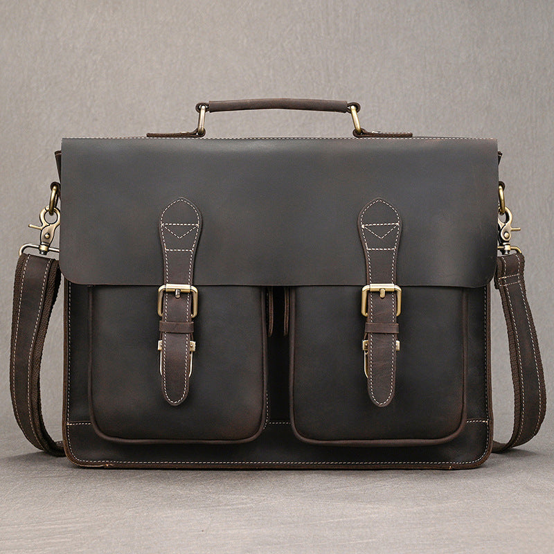 Convertible Crazy Horse Leather Briefcase – Dual Front Pockets