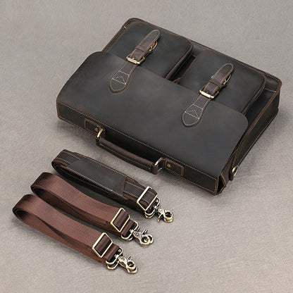 Convertible Crazy Horse Leather Briefcase – Dual Front Pockets