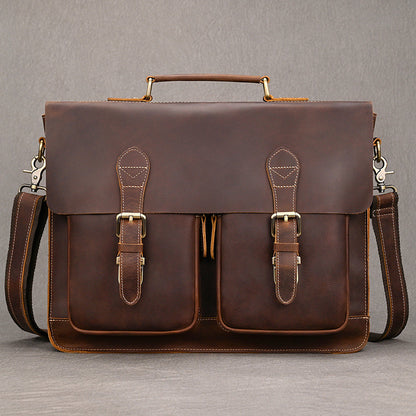 Convertible Crazy Horse Leather Briefcase – Dual Front Pockets