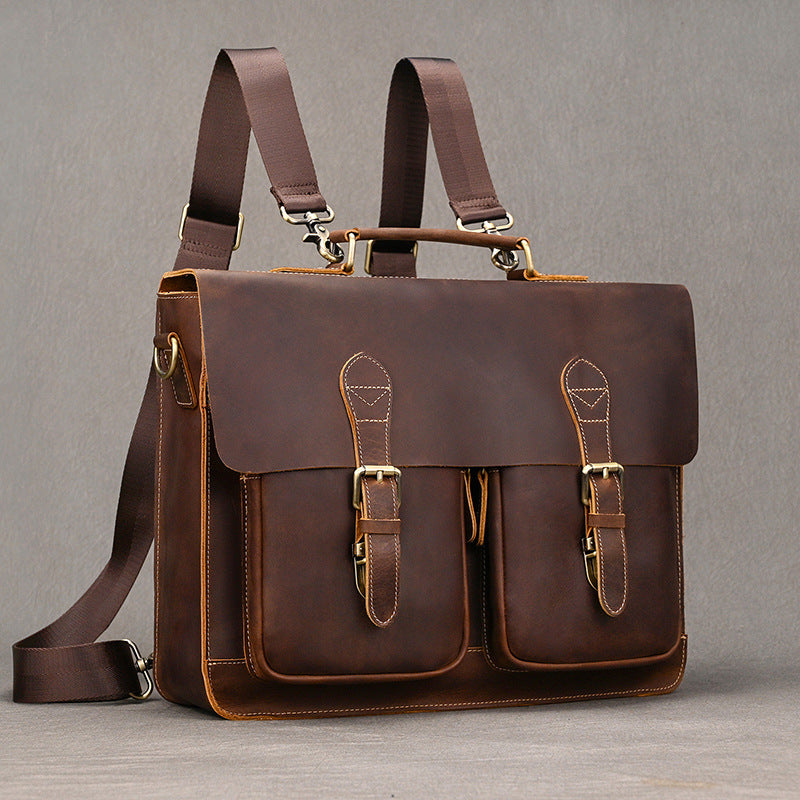 Convertible Crazy Horse Leather Briefcase – Dual Front Pockets