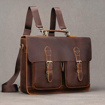 Convertible Crazy Horse Leather Briefcase – Dual Front Pockets
