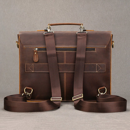 Convertible Crazy Horse Leather Briefcase – Dual Front Pockets