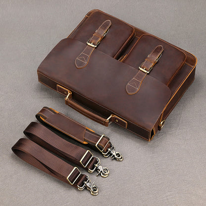Convertible Crazy Horse Leather Briefcase – Dual Front Pockets