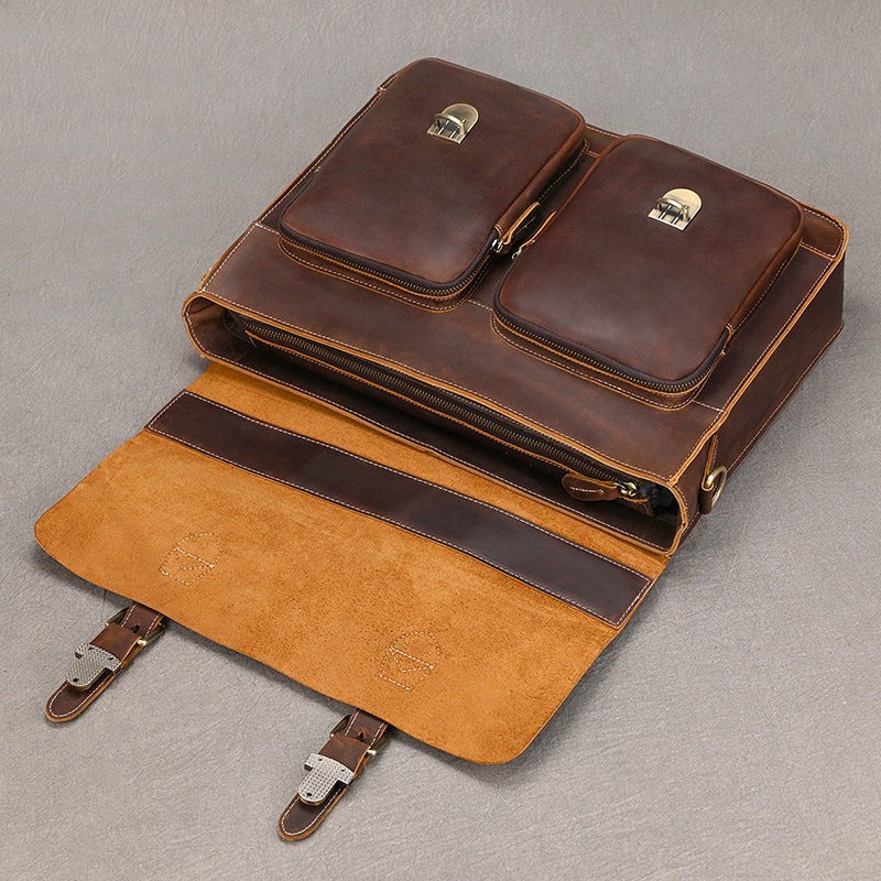 Convertible Crazy Horse Leather Briefcase – Dual Front Pockets