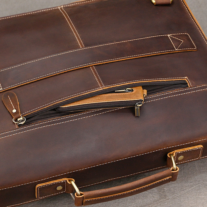Convertible Crazy Horse Leather Briefcase – Dual Front Pockets