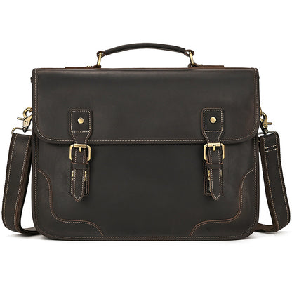 Front view of a Dark Brown Crazy Horse Leather Briefcase with an executive minimal design and decorative buckles.