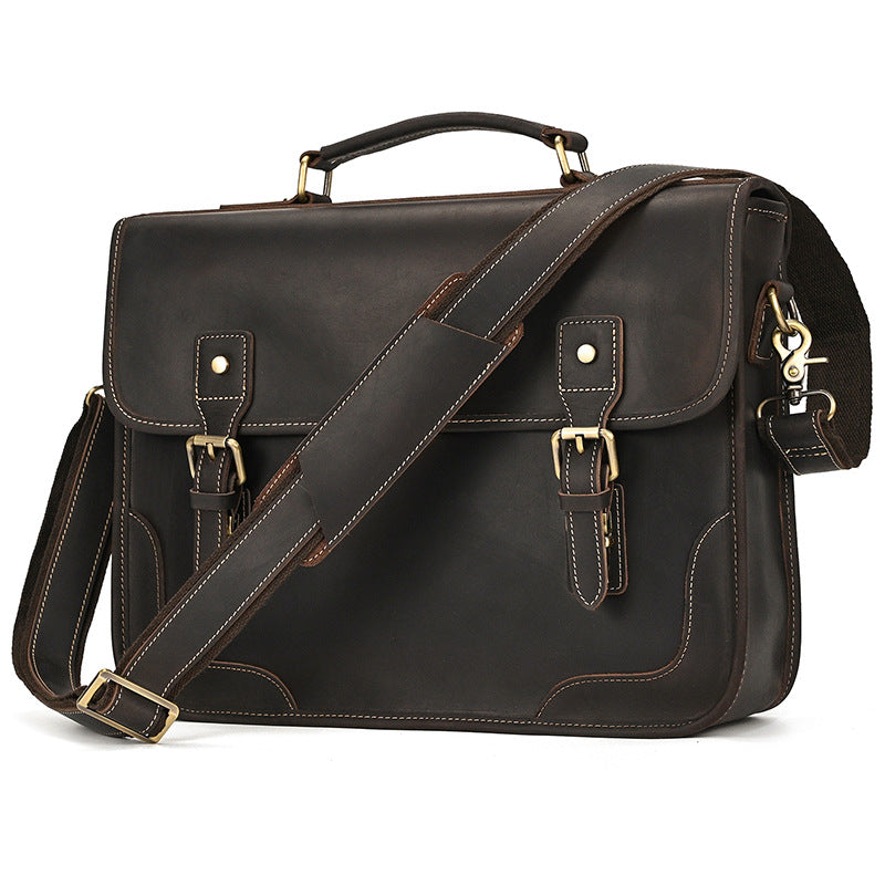 Angled side view of the Dark Brown leather business bag featuring a slim profile and adjustable shoulder strap.