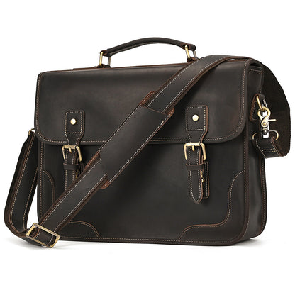 Angled side view of the Dark Brown leather business bag featuring a slim profile and adjustable shoulder strap.