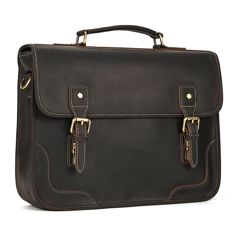 Side view of the Dark Brown Crazy Horse Leather laptop bag with high-quality antique brass hardware.