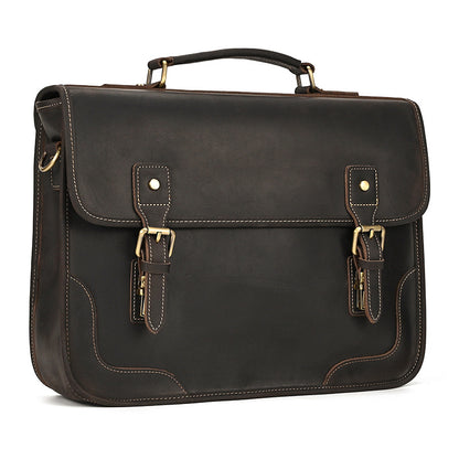 Side view of the Dark Brown Crazy Horse Leather laptop bag with high-quality antique brass hardware.