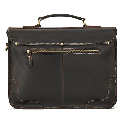 Back view of the Dark Brown leather briefcase showing the clean minimalist stitching and rear zipper pocket.