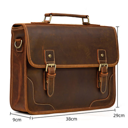 Brown leather briefcase dimensions: 38cm length, 29cm height, 9cm width, featuring antique brass hardware.