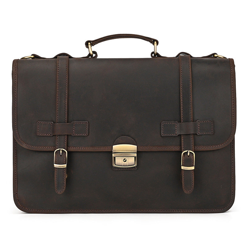 Professional dark brown Crazy Horse leather business bag with push-lock clasp and double buckle straps.