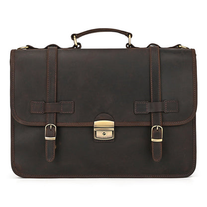 Professional dark brown Crazy Horse leather business bag with push-lock clasp and double buckle straps.