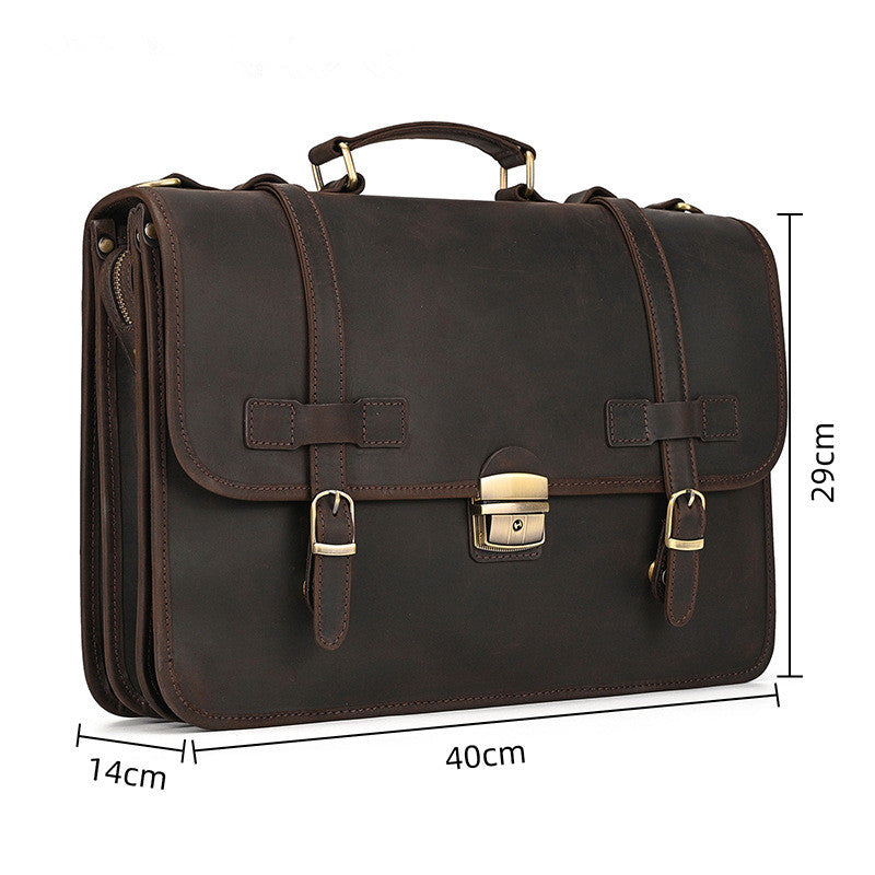 Dimensions of Crazy Horse leather briefcase: 40cm length, 29cm height, 14cm width side profile.