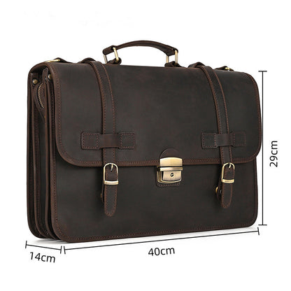 Dimensions of Crazy Horse leather briefcase: 40cm length, 29cm height, 14cm width side profile.