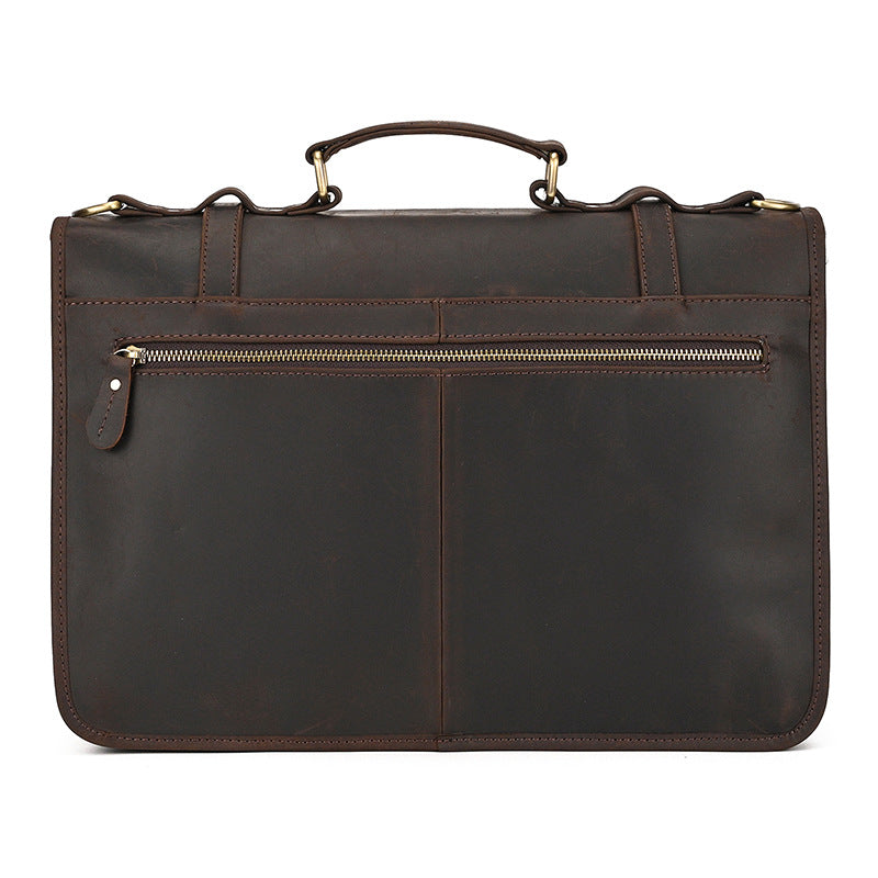 Back view of Crazy Horse leather laptop bag featuring a large horizontal zippered security pocket.
