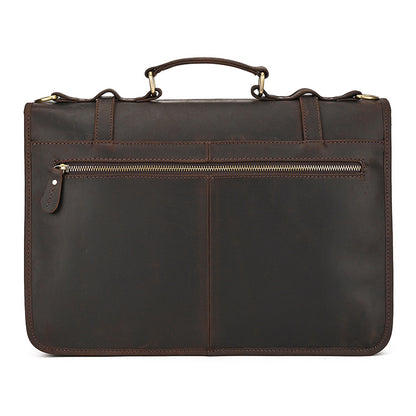 Back view of Crazy Horse leather laptop bag featuring a large horizontal zippered security pocket.