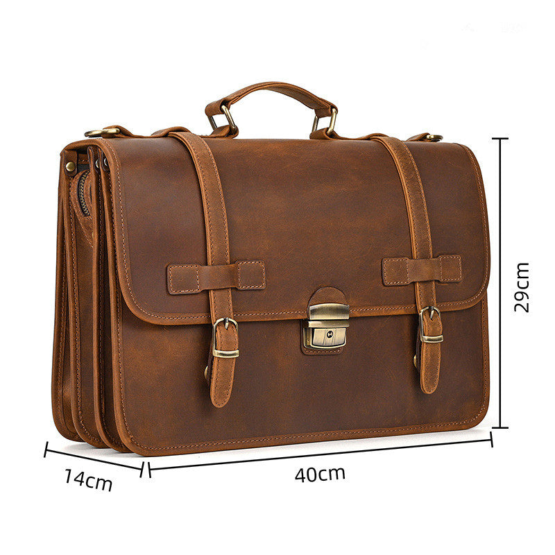 Dimensions of light brown leather messenger bag: 40x29x14cm for office and travel.