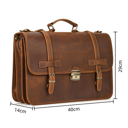 Dimensions of light brown leather messenger bag: 40x29x14cm for office and travel.