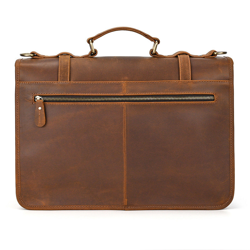 Rear view of light brown Crazy Horse leather laptop bag with smooth zipper pocket.