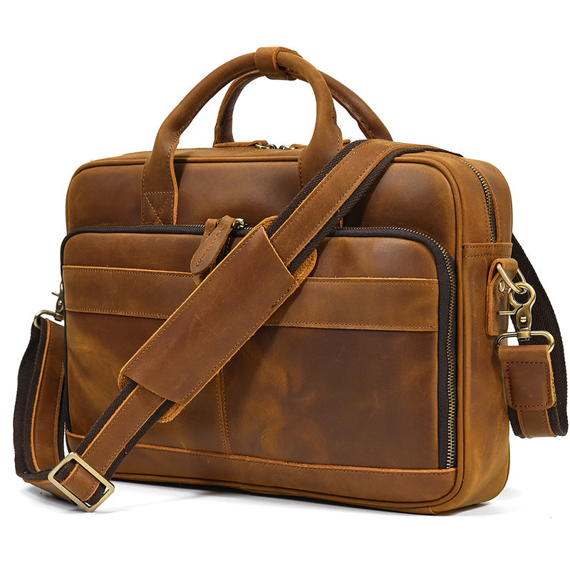 Front view of a Light Brown Crazy Horse Leather Briefcase with a padded shoulder strap for business travel.