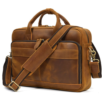 Front view of a Light Brown Crazy Horse Leather Briefcase with a padded shoulder strap for business travel.