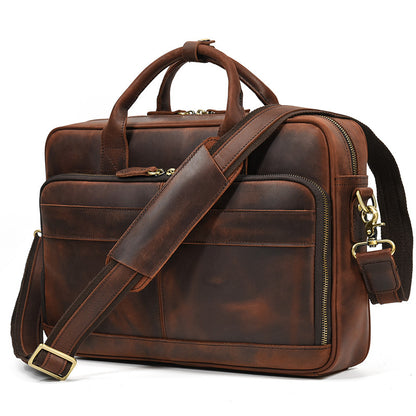 Front view of a Brown Crazy Horse Leather Briefcase with a rustic vintage finish and adjustable shoulder strap.