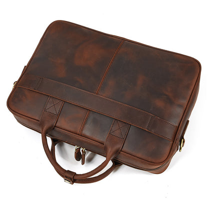 Back view of the Brown vintage leather briefcase showing the clean stitching and smooth full-grain leather texture.