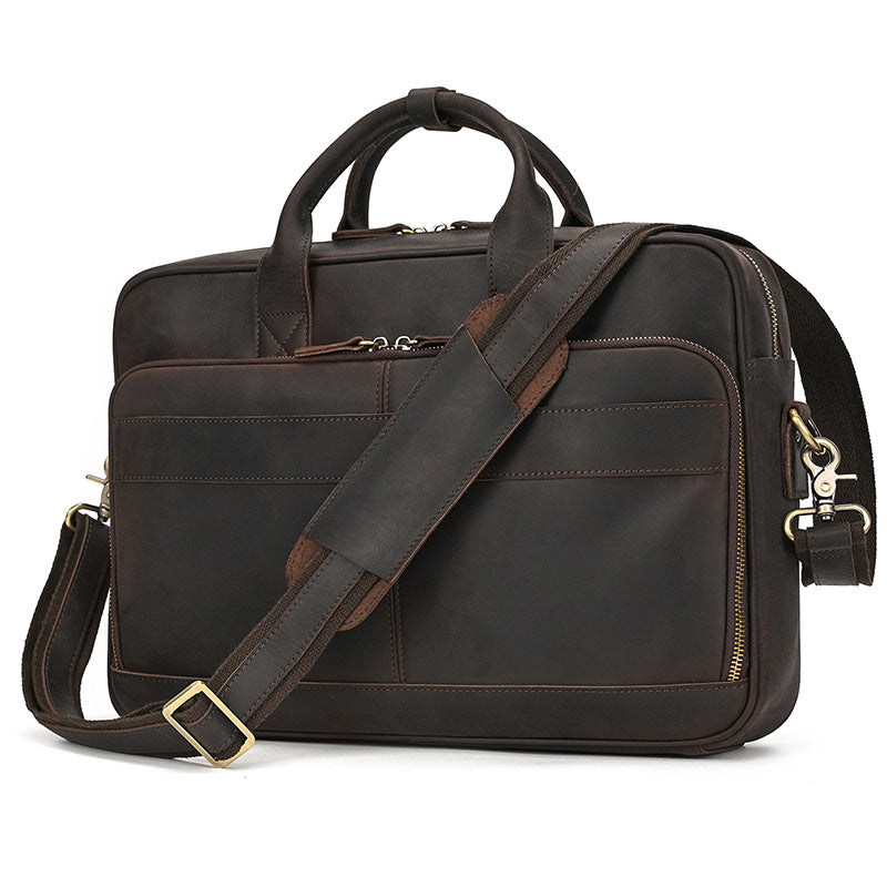 Front view of a Dark Brown Crazy Horse Leather Briefcase with a matching padded shoulder strap.