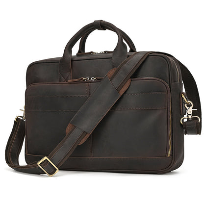 Front view of a Dark Brown Crazy Horse Leather Briefcase with a matching padded shoulder strap.