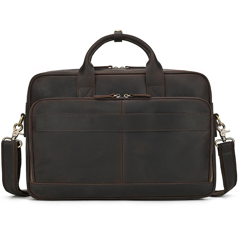 Professional Dark Brown leather laptop bag featuring a vintage design and sturdy brass zippers.