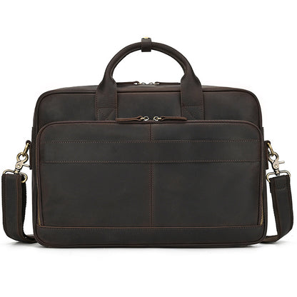 Professional Dark Brown leather laptop bag featuring a vintage design and sturdy brass zippers.