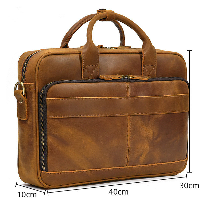 Professional Light Brown leather business bag dimensions: 40cm length, 30cm height, and 10cm width.