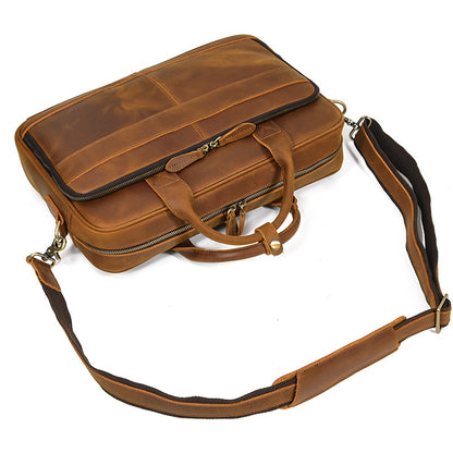 Lay-flat view of the Light Brown vintage leather bag highlighting the smooth grain and reinforced stitching.