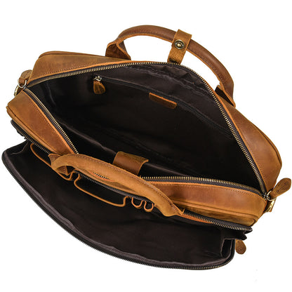 Open compartment view of the Light Brown leather briefcase with a dedicated laptop sleeve and interior zipper pocket.