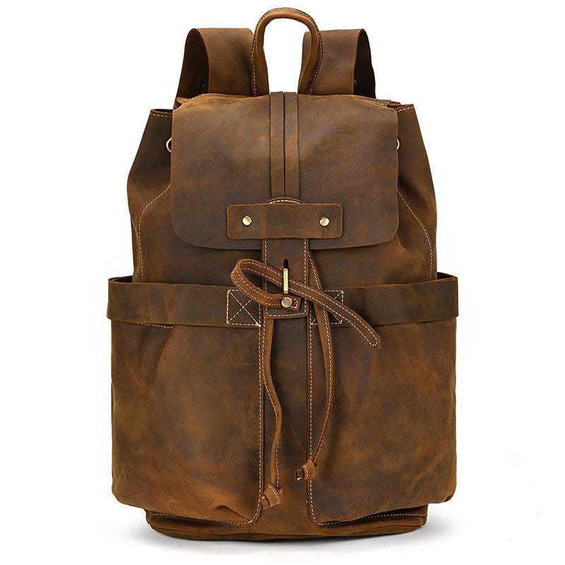 Crazy Horse Leather Drawstring Backpack – Dual Front Pockets