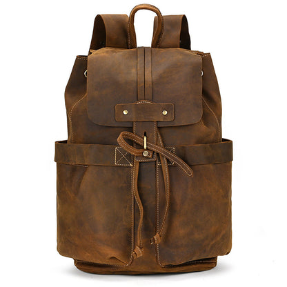 Crazy Horse Leather Drawstring Backpack – Dual Front Pockets