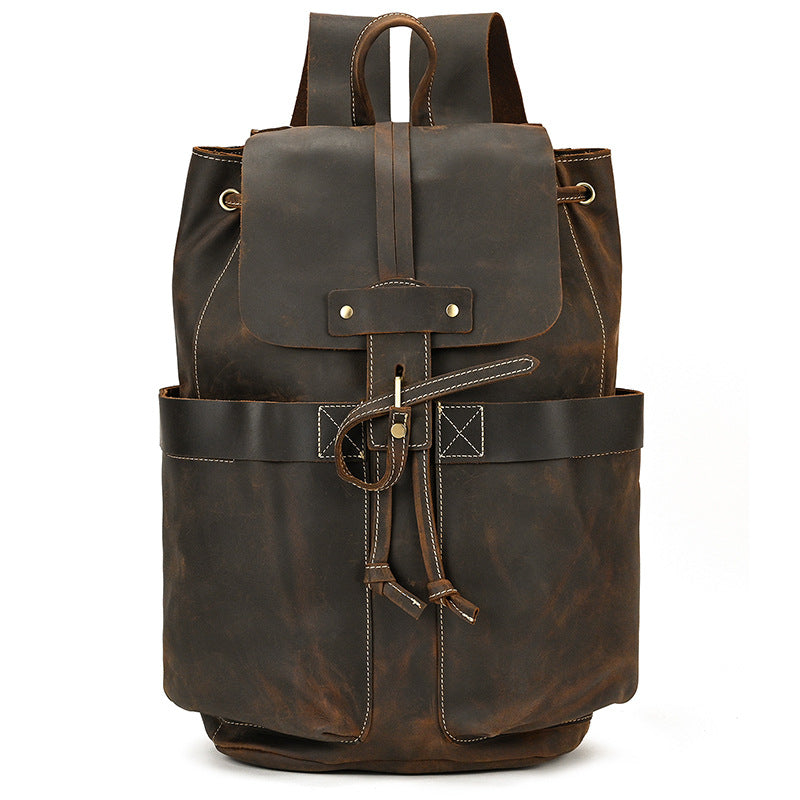 Crazy Horse Leather Drawstring Backpack – Dual Front Pockets