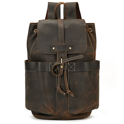 Crazy Horse Leather Drawstring Backpack – Dual Front Pockets