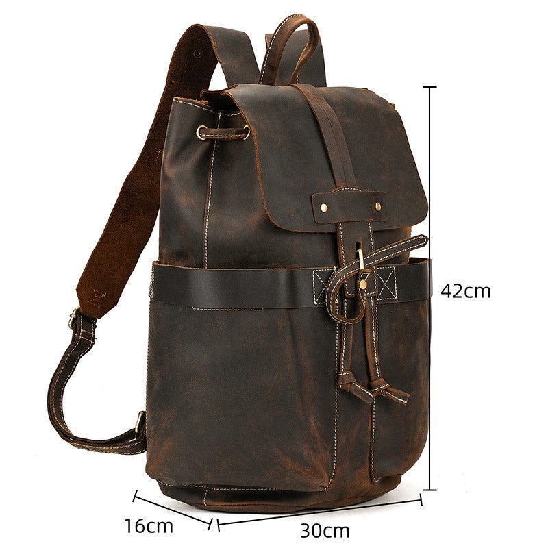 Crazy Horse Leather Drawstring Backpack – Dual Front Pockets