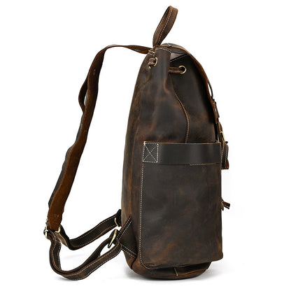 Crazy Horse Leather Drawstring Backpack – Dual Front Pockets