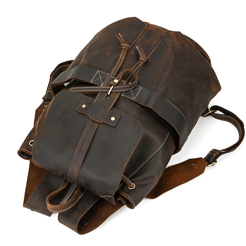 Crazy Horse Leather Drawstring Backpack – Dual Front Pockets