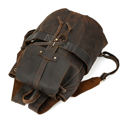 Crazy Horse Leather Drawstring Backpack – Dual Front Pockets